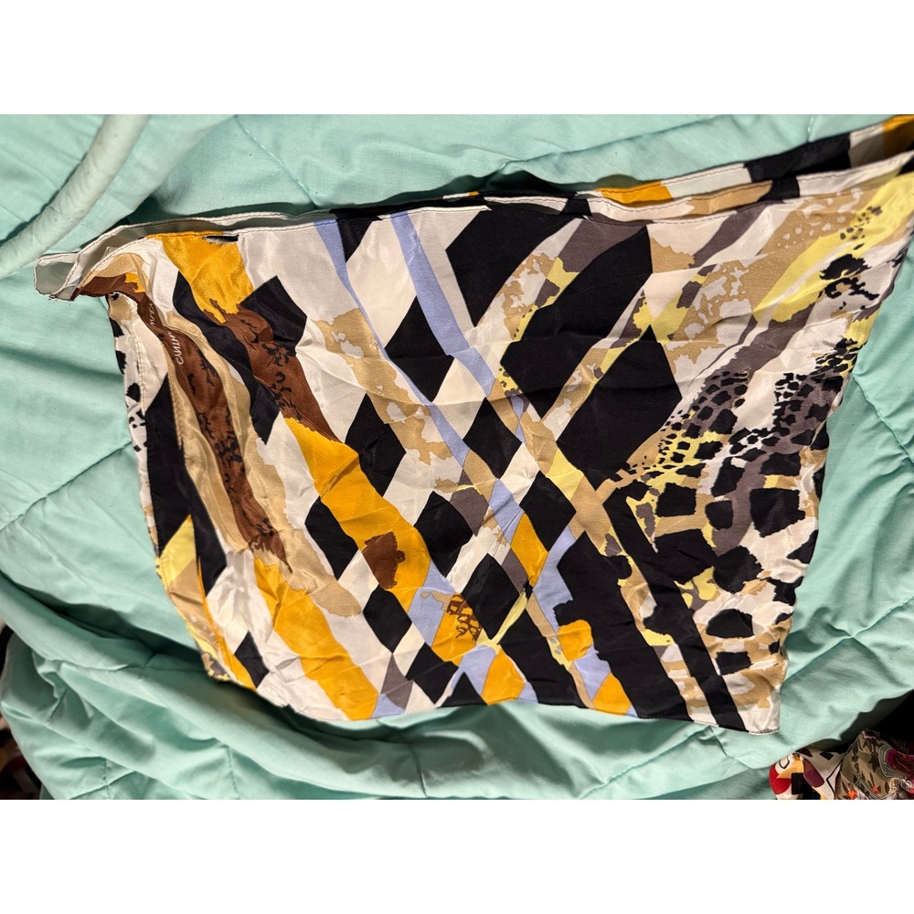 Cynthia Rowley Silk Square Scarf Black Yellow Geometric Abstract Print Accessory